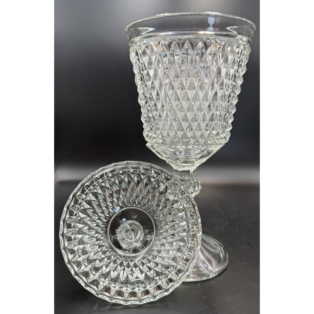 Vtg Indiana Glass 15.75 in Diamond Point Lidded Apothecary Jar Chalice Orig Box - Picture 7 of 8